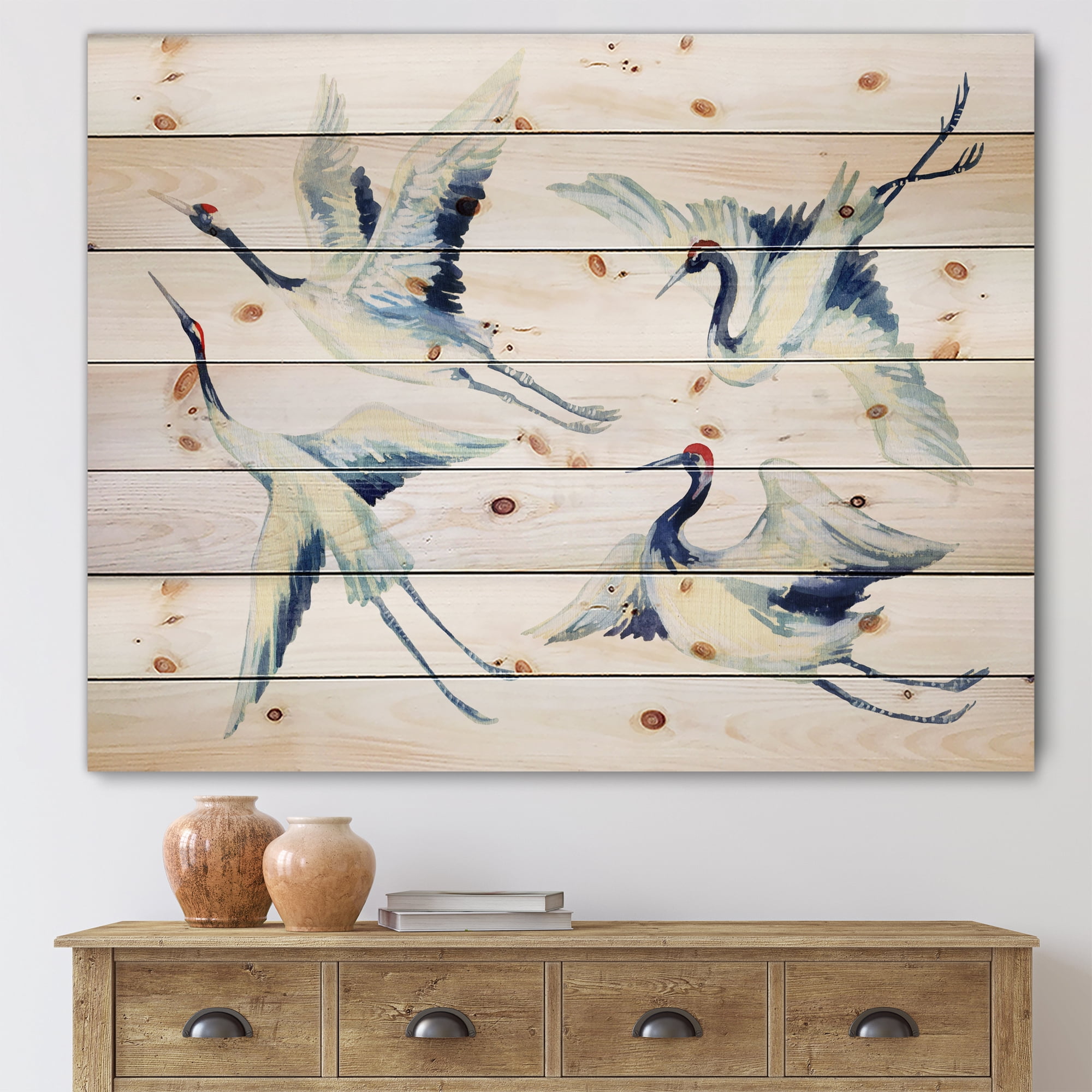 Designart 'Asian Crane Bird Impression II' Traditional Print on Natural Pine Wood