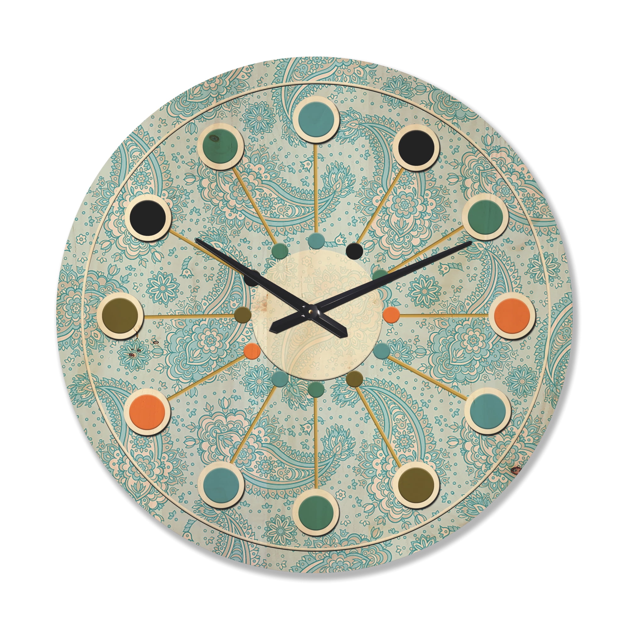 Designart 'Asian Floral Paisley With Retro' Mid-Century Modern Wood Wall Clock