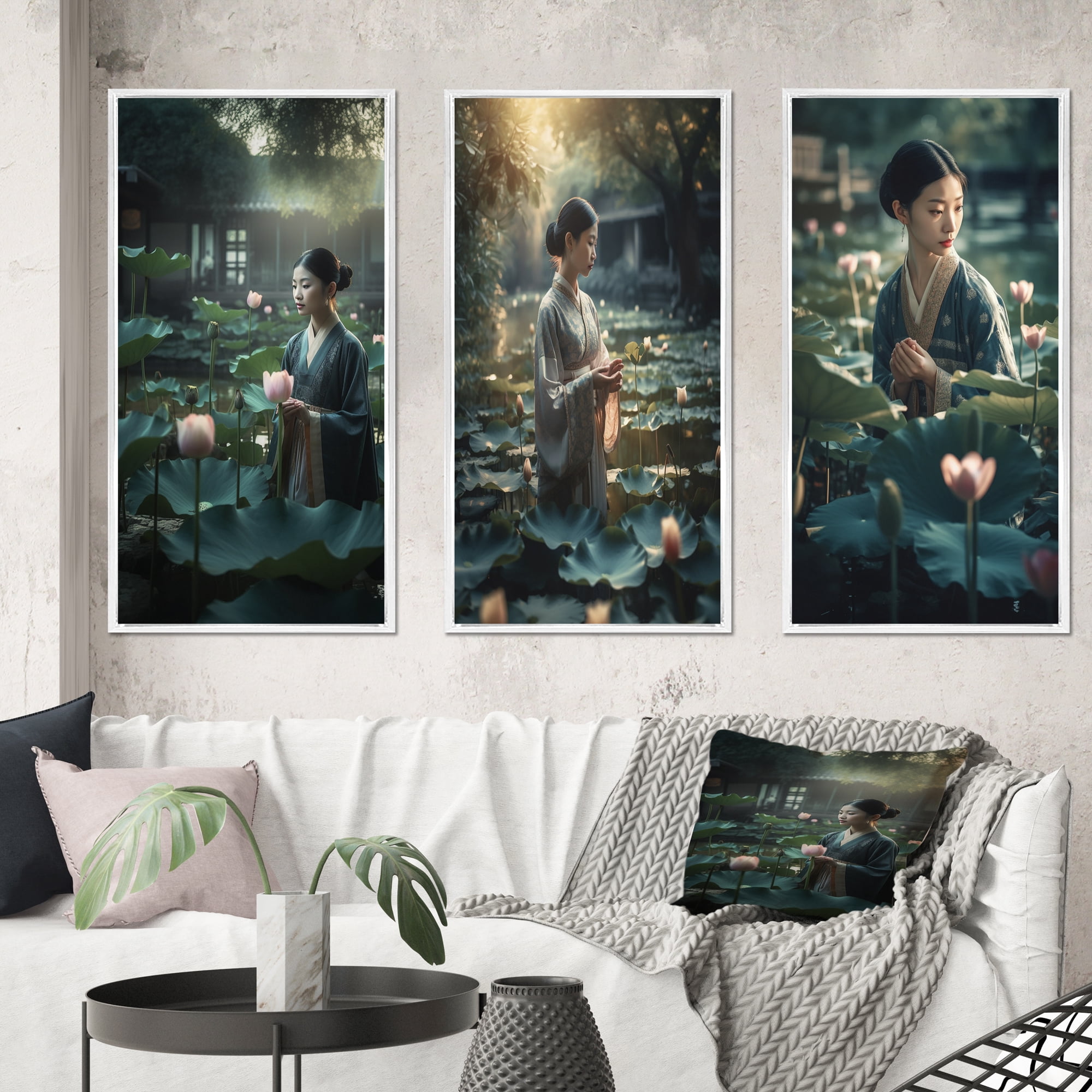Designart "Asian Girl in Dawn Lotus Pond II" Asian Woman Framed Wall ...