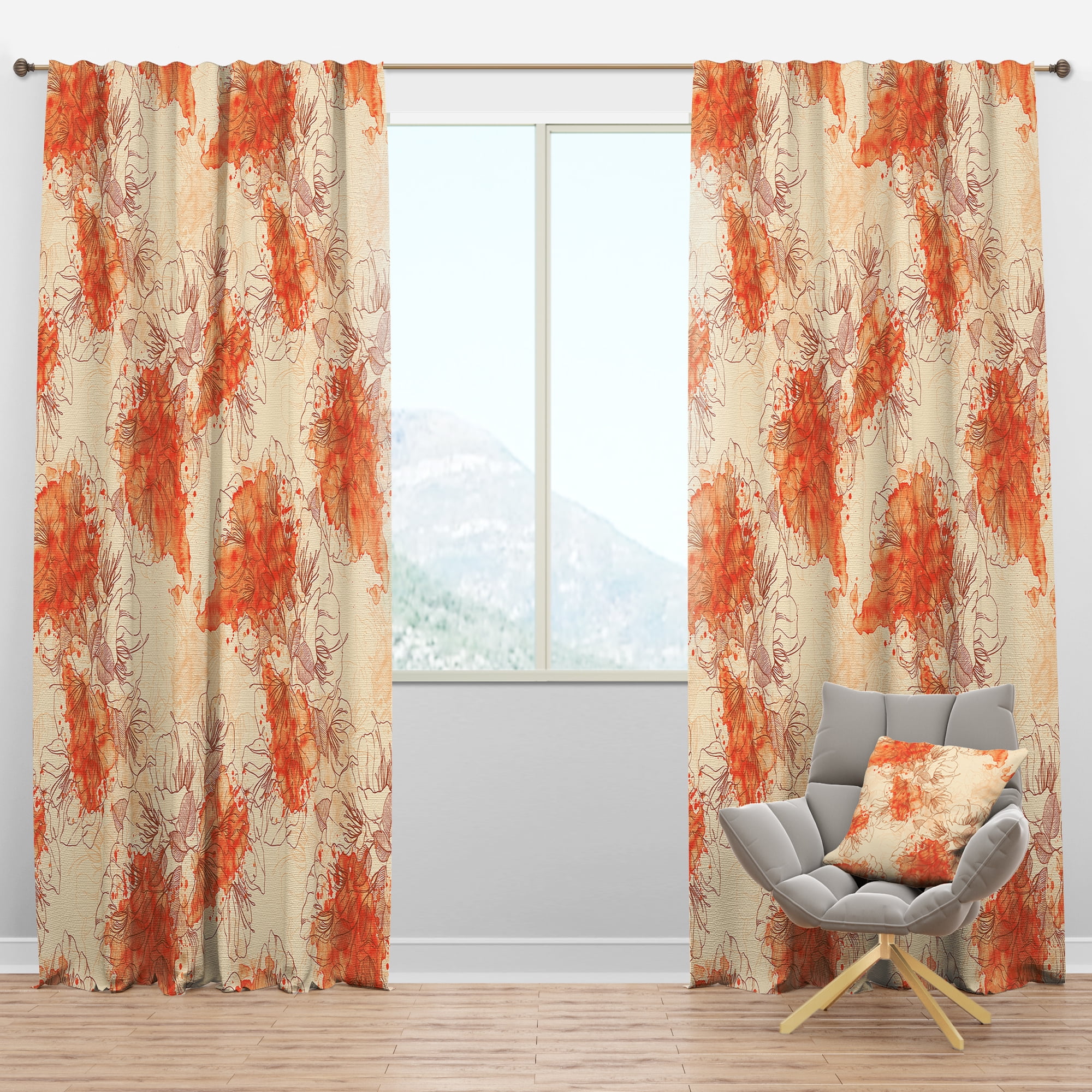 Designart 'Asian Watercolor Flowers With Orange' Floral Blackout Curtain Panel