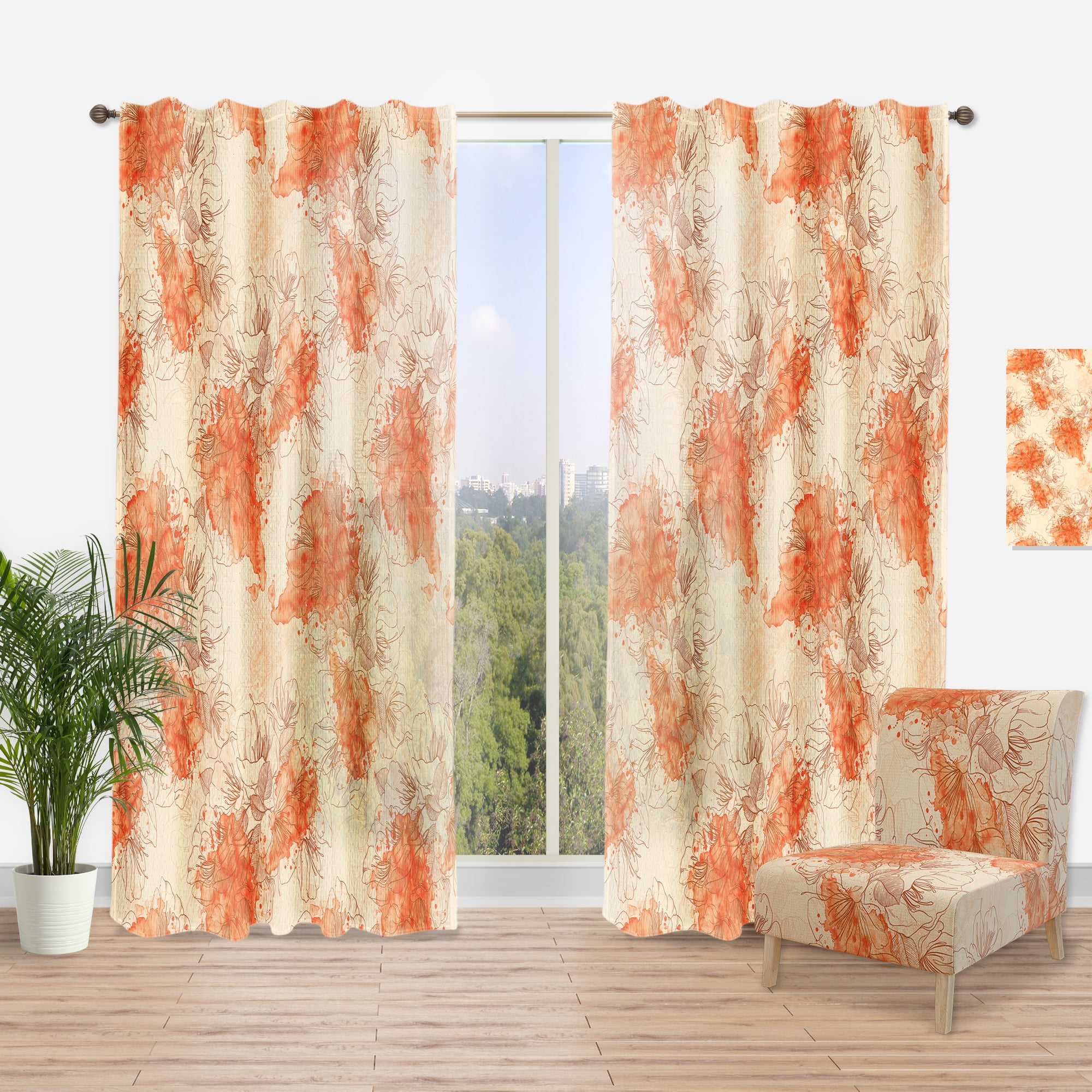 Designart 'Asian Watercolor Flowers With Orange' Floral Curtain Panel