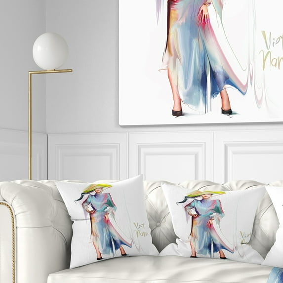 Designart Asian Women in Blue Dress - Digital Art Portrait Throw Pillow - 16x16