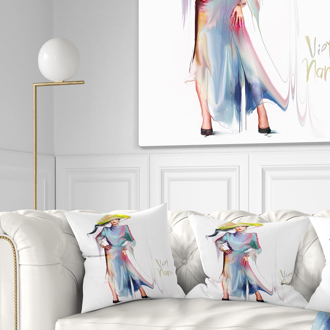Designart Asian Women in Blue Dress - Digital Art Portrait Throw Pillow - 18x18