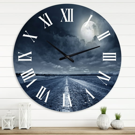 Designart 'Asphalt Road Under Cloudy Full Moon I' Nautical & Coastal Wall Clock