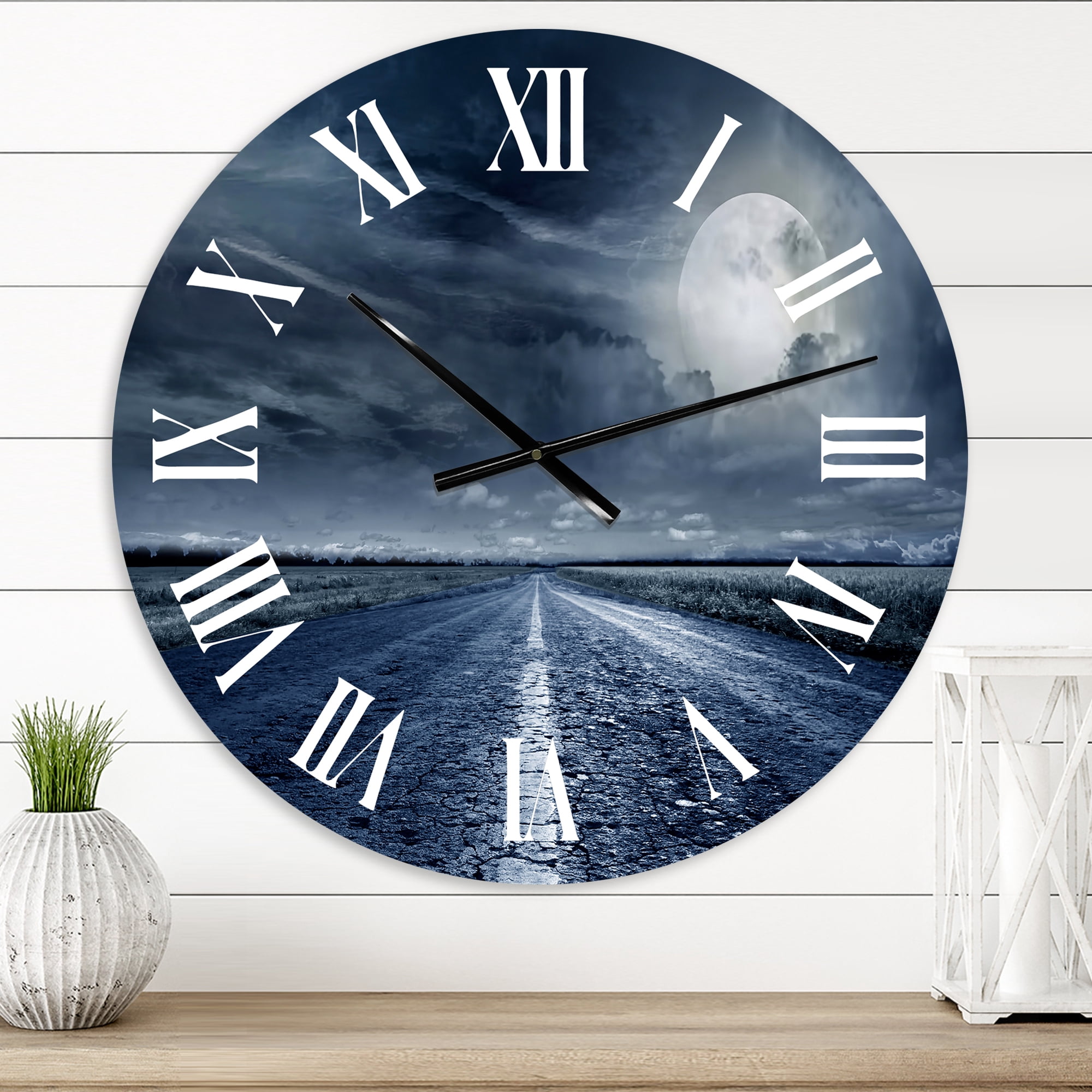 Designart 'Asphalt Road Under Cloudy Full Moon Ii' Nautical & Coastal Wall Clock