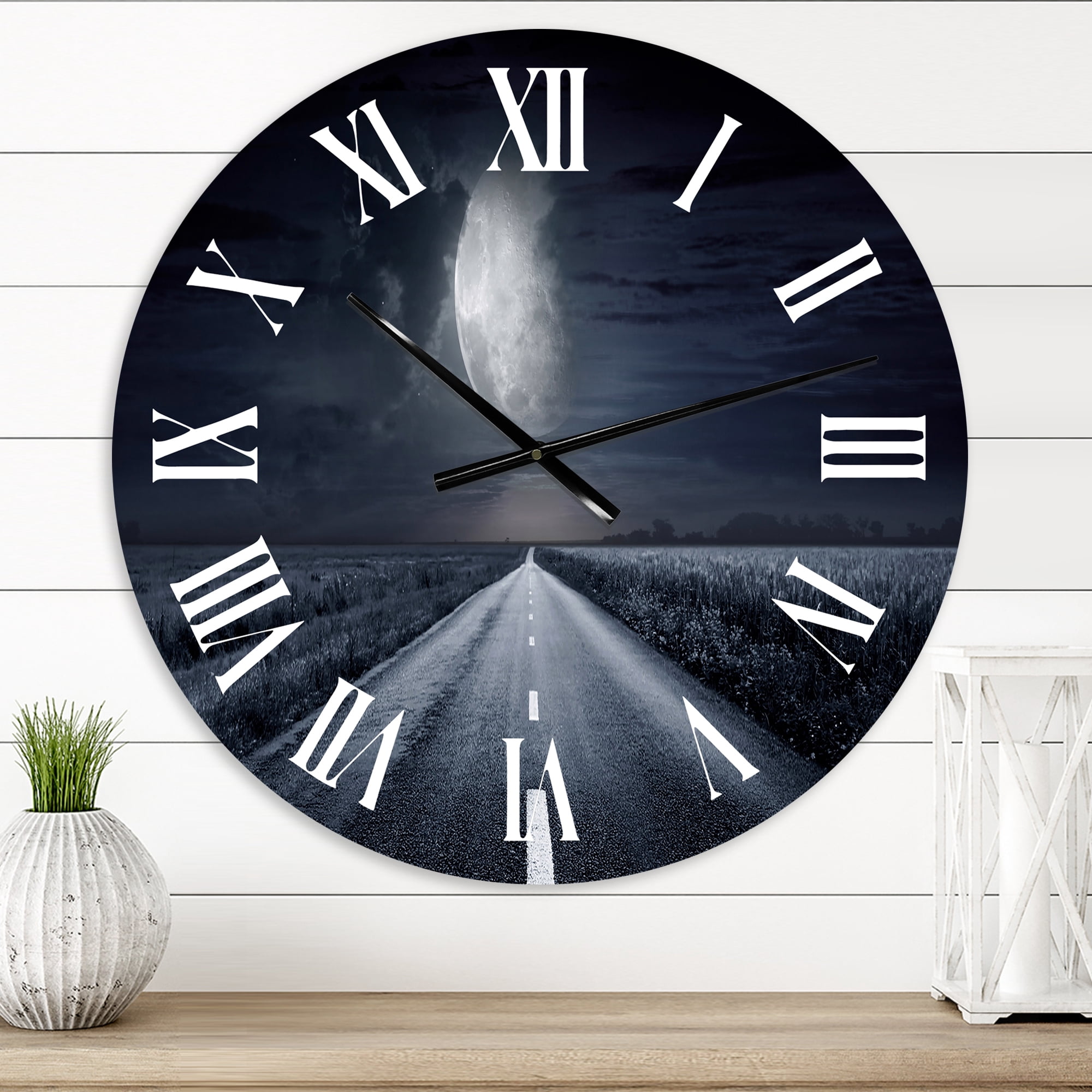 Designart 'Asphalt Road Under Cloudy Full Moon Iii' Nautical & Coastal Wall Clock
