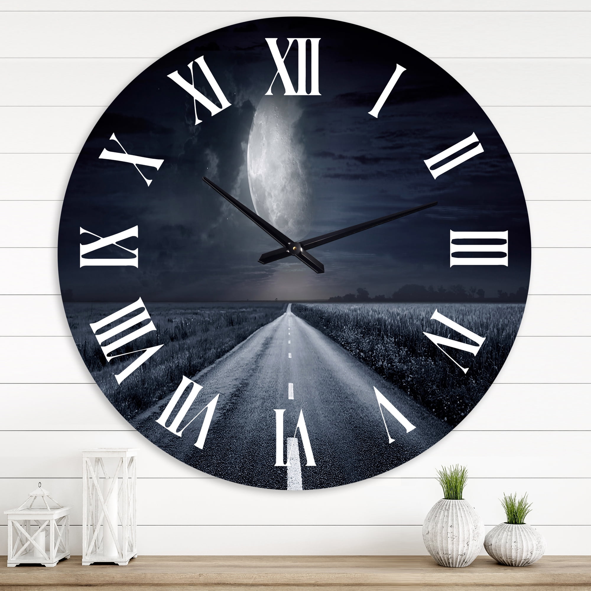Designart 'Asphalt Road Under Cloudy Full Moon Iii' Nautical & Coastal Wall Clock