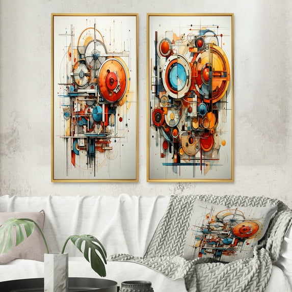 Designart "Assemblage Geometric Constructivism Dynamic painting II" Constructivism Framed Wall Art Set Of 2 - Multi-Color Abstract Framed Canvas Set For Living Room Decor