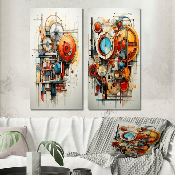 Designart "Assemblage Geometric Constructivism Dynamic painting II" Constructivism Wall Art Set Of 2 - Multi-Color Abstract Canvas Set For Living Room Decor