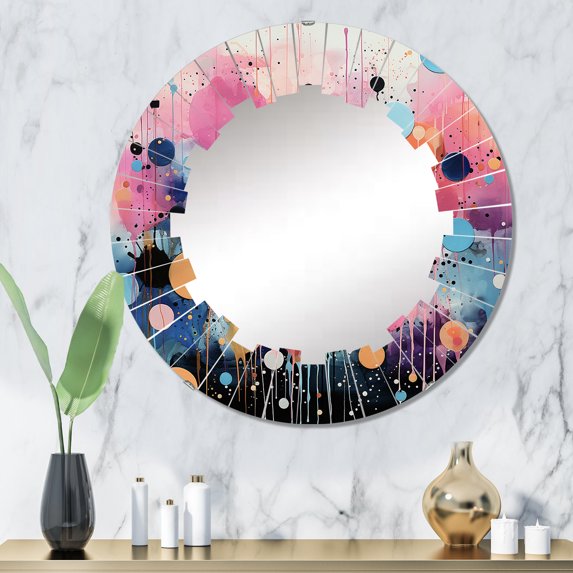 Designart "Assembling Neon I" Abstract Collages Round Wall Mirror - Modern Oval Printed Decorative Oversized Mirror - Multiple Color Options