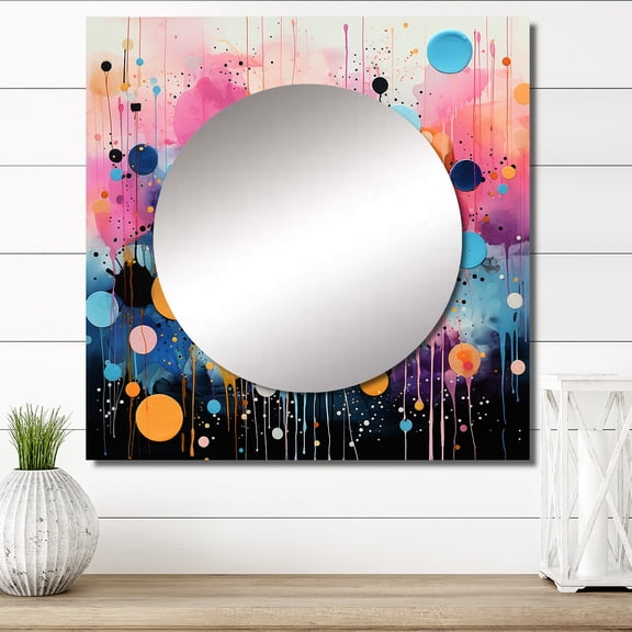 Designart "Assembling Neon I" Abstract Collages Square Mirror For Wall Decor - Large Pink Square Mirror Printed Wall Decor - Transitional Square Living Room Mirror