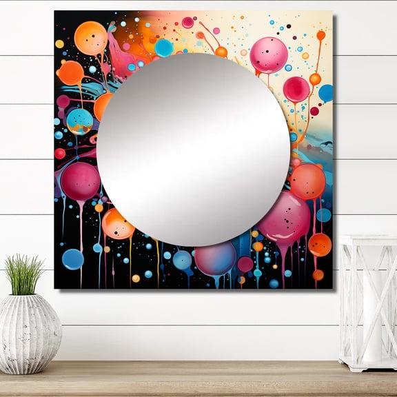 Designart "Assembling Neon II" Abstract Collages Square Mirror For Wall Decor - Large Pink Square Printed Wall Mirror Art - Square Transitional Mirror - Wall Mounted Square Large Mirror