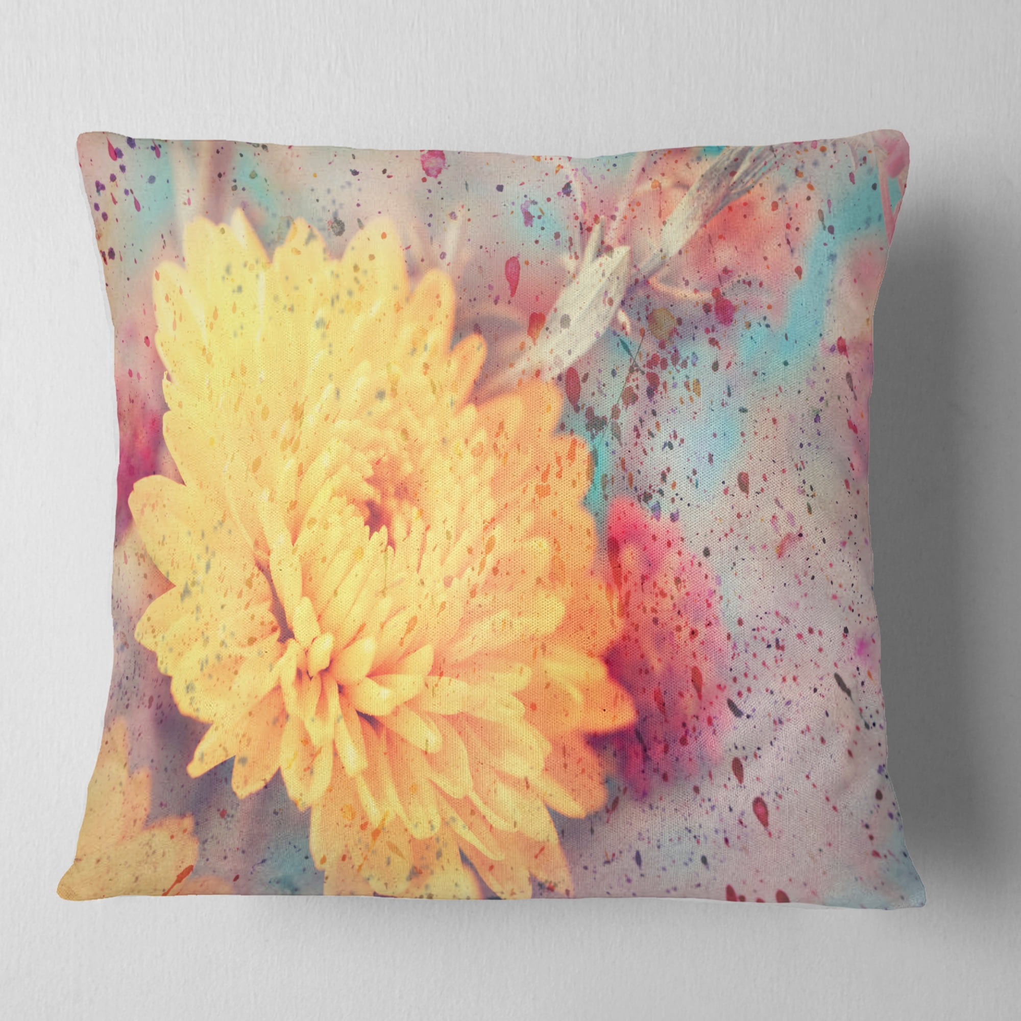 Designart Aster Flower with Watercolor Splashes - Flower Throw Pillow - 18x18