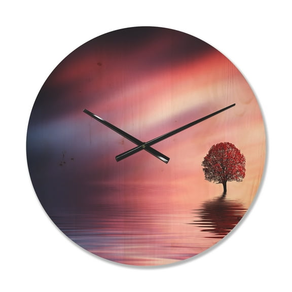 Designart 'Astonishing Lonely Red Floral Tree In Lake' Modern Wood Wall Clock