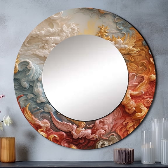 Designart "Astrology Nebula Marble in Cream V" Abstract Shapes Red Large Round Mirror - Round Mirror Wall Décor - Coastal Round Printed Mirror 36" x 36" Inch