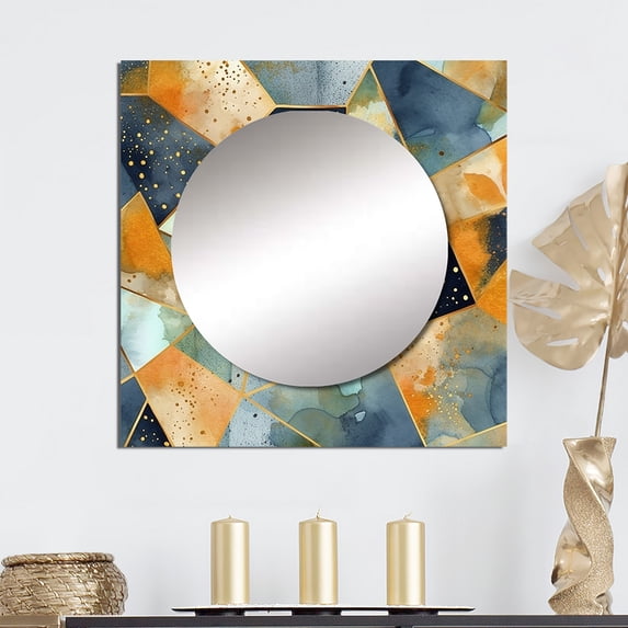 Designart "Asymmetric Marble Shapes In Blue And Yellow" Abstract Geometric Square Mirror Wall Decor Modern - Large Blue Square Bathroom Mirror - Square Printed Wall Mirror Art