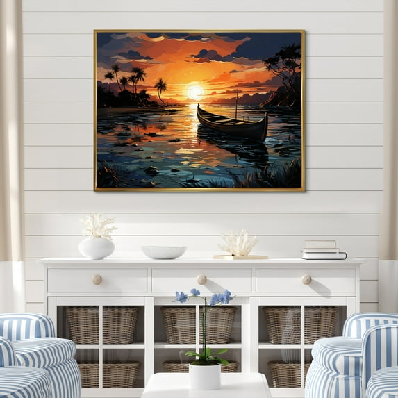 Designart "At Dusk Coastal tropical Boat painting I" Nautical & Beach Floater Framed Wall Art Print