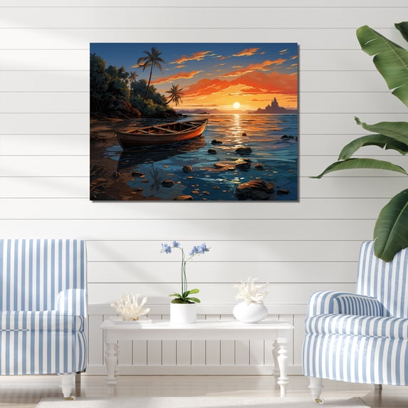Designart "At Dusk Coastal tropical Boat painting III" Nautical & Beach Canvas Wall Art