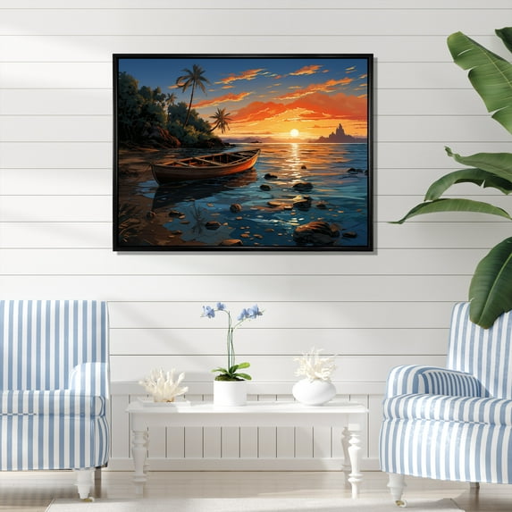 Designart "At Dusk Coastal tropical Boat painting III" Nautical & Beach Floater Framed Canvas Wall Art