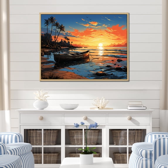 Designart "At Dusk Coastal tropical Boat painting IV" Nautical & Beach Floater Framed Canvas Print