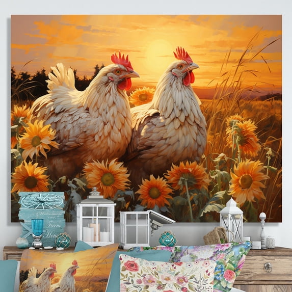 Designart "At Sunset Loving Chicken painting" Animals Canvas Wall Art