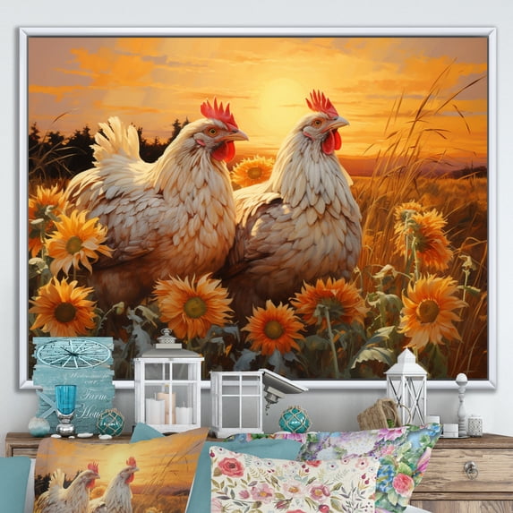 Designart "At Sunset Loving Chicken painting" Animals Floater Framed Canvas Wall Art