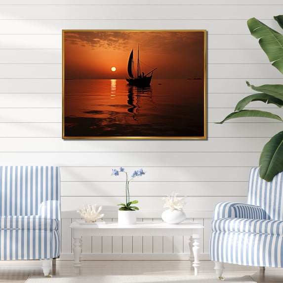 Designart "At Sunset Sail Boat wall decor I" Nautical & Beach Floater Framed Canvas Art Print