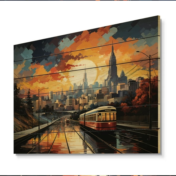 Designart "Atlanta Popart horizon V" Cityscapes Print on Natural Pine Wood