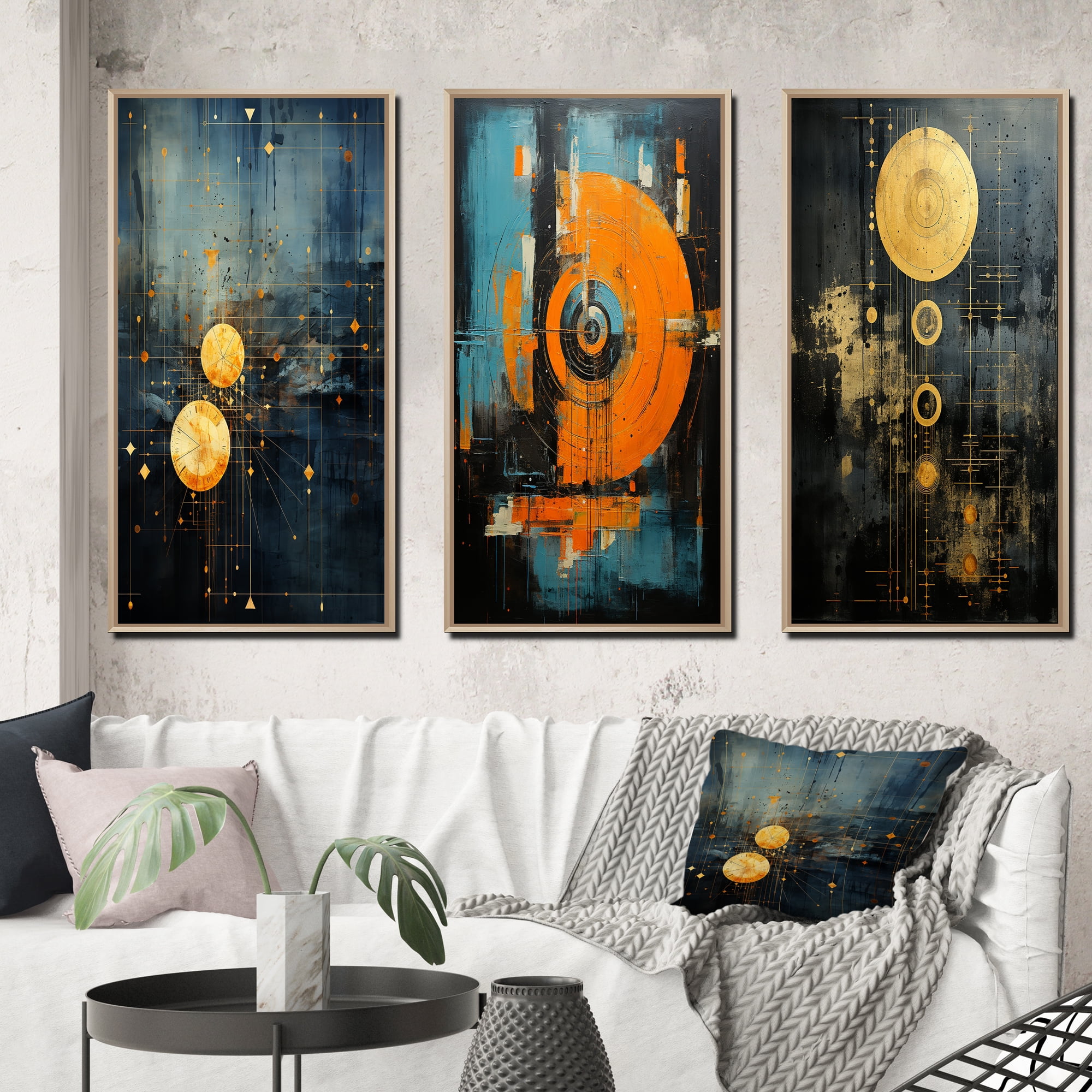 Designart "Atlantean Wisdom Gold Retro Blue I" Modern Geometric Framed