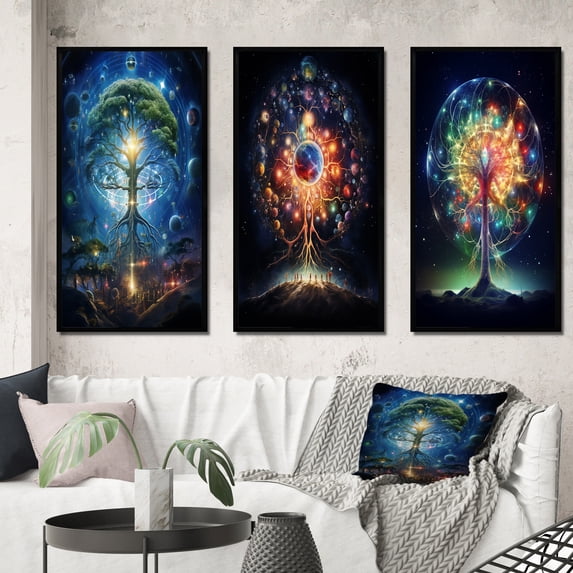 Designart "Atomic Tree Abstract Botanical Magic II" Landscape Trees Framed Wall Art Set Of 3 - Green Trees Frame Gallery Set For Office Decor