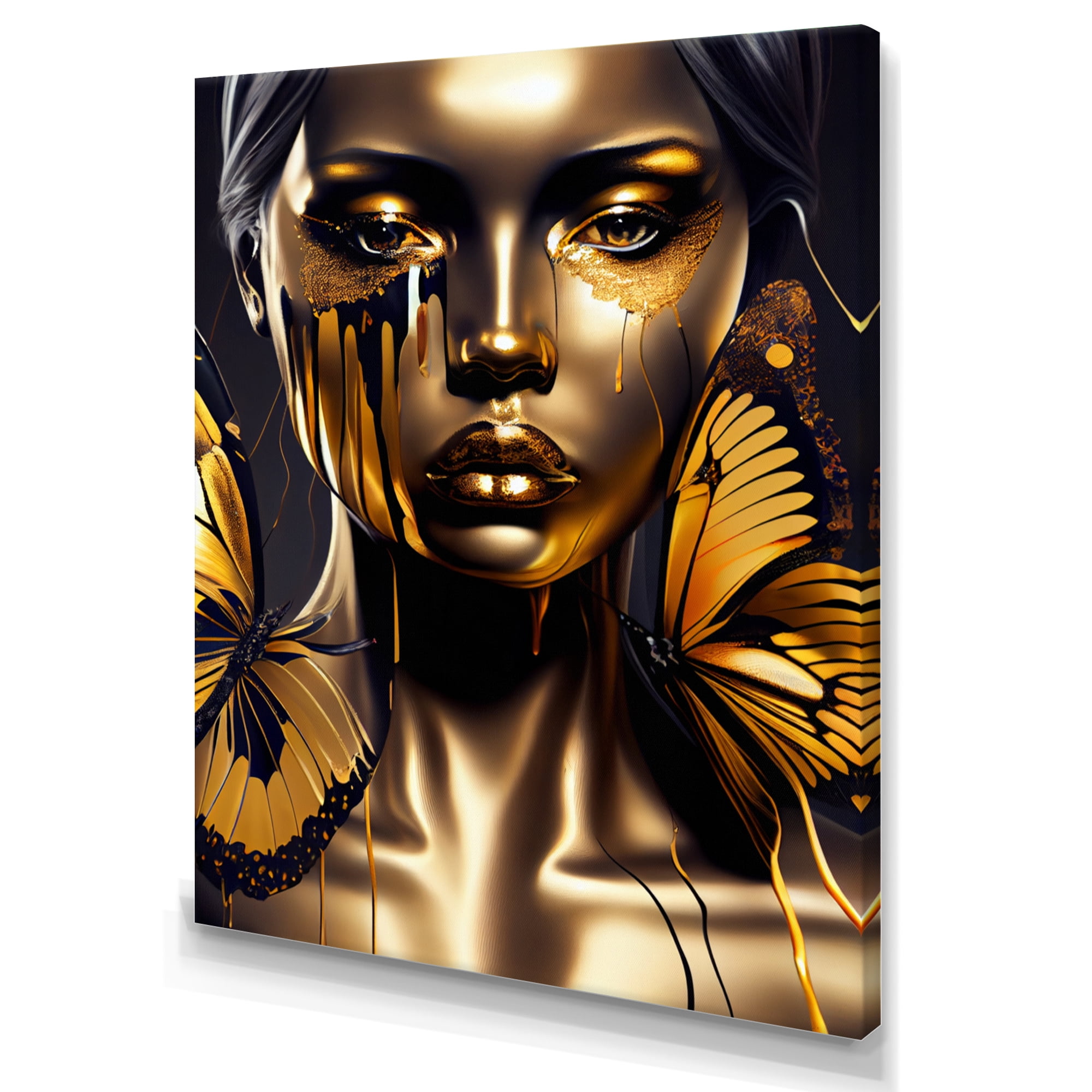 Designart Attractive Woman With Gold Butterflies I Canvas Wall Art