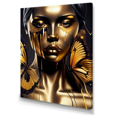 Designart Attractive Woman With Gold Butterflies I Canvas Wall Art