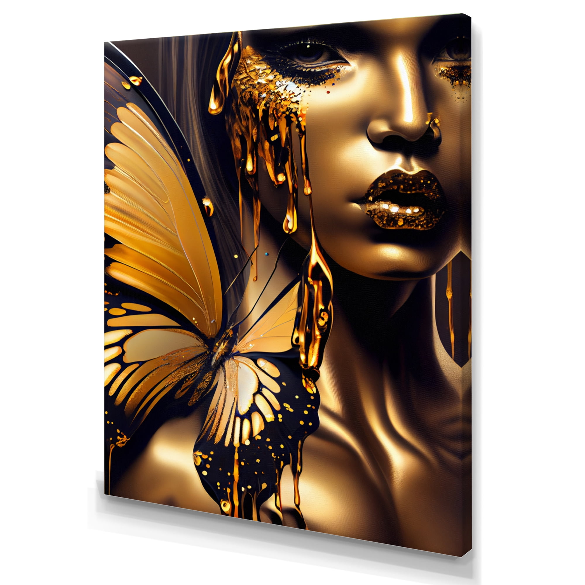 Designart Attractive Woman With Gold Butterflies III Canvas Wall Art