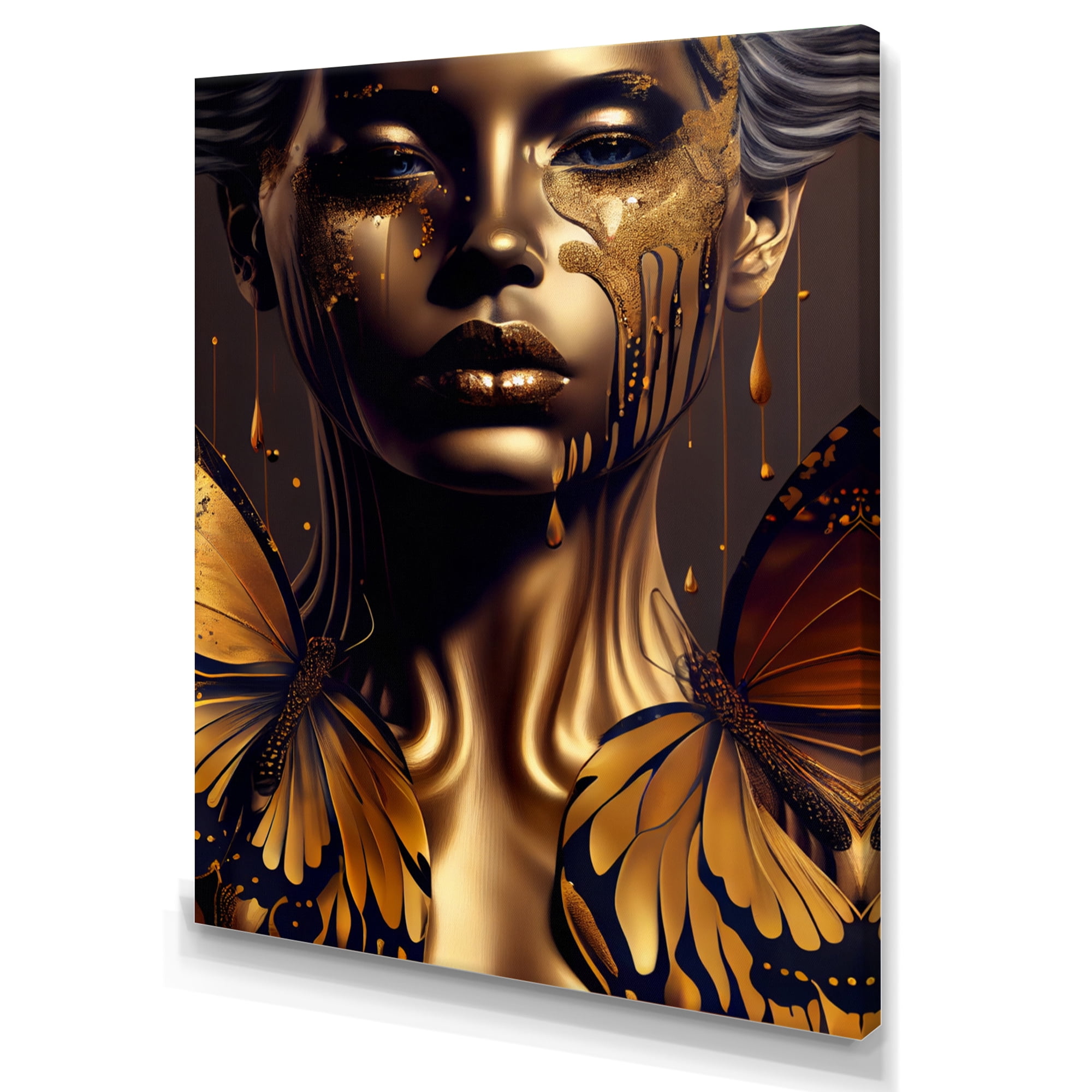 Designart Attractive Woman With Gold Butterflies IV Canvas Wall Art