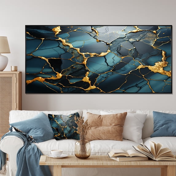 Designart "Aura of Gold and Green in Abstract Marble IV" Oversized Abstract Framed Wall Art - Modern Gold Abstract Marble Hallway Framed Wall Art Decor