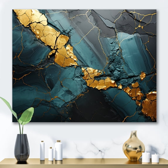 Designart "Aura of Gold and Green in Abstract Marble II" Extra Large Abstract Wall Art - Modern Gold Abstract Marble Entryway Wall Art Print