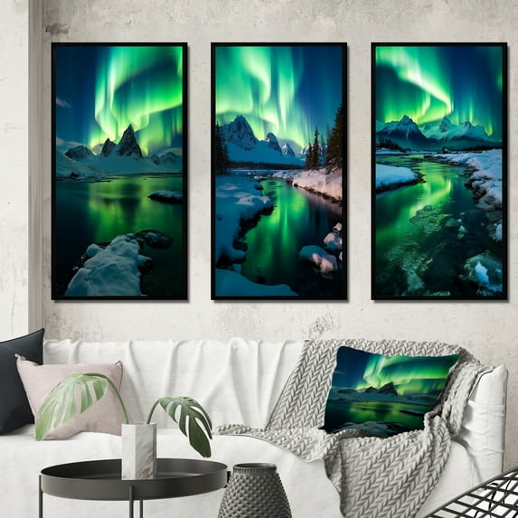 Designart "Aurora Borealis Captivating Arctic Mountains VI" Northern Lights Framed Wall Art Set Of 3 - Green Traditional Frame Canvas Set For Living Room Decor