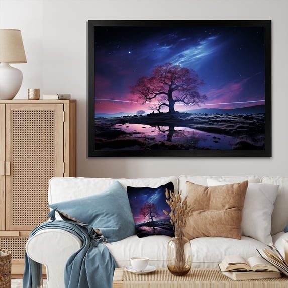 Designart "Aurora Borealis Fantasy Blue and Pink Tree I" Landscapes Framed Wall Art Decor - Country Blue Tree Hallway Framed Wall Art Decor