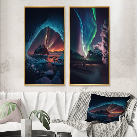 Designart "Aurora Borealis Illuminating Northern Skies III" Landscape Mountains Framed Wall Art Set Of 2 - Traditional Blue Gallery Wall Frame Set For Home Decor