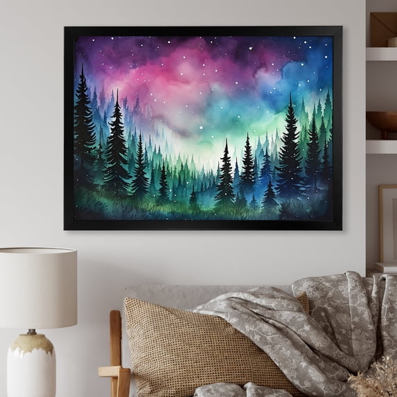 Designart "Aurora Borealis Mountains Purple Spectacle I" Landscapes Framed Wall Art Decor - Coastal Purple Landscape Cottage Mountains Winter Bedroom Framed Canvas Wall Art