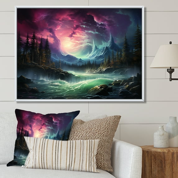 Designart "Aurora Cascade Northern Lights wall decor" Landscapes Floater Framed Canvas Print