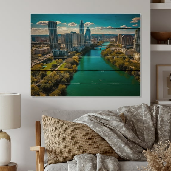 Designart "Austin s Energetic Cityscape II" Cityscapes Print on Natural Pine Wood