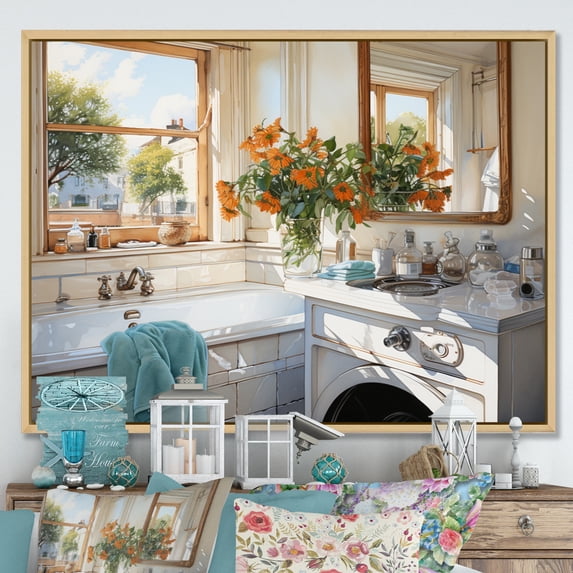 Designart "Authentic Bath and Linen" Bath & Laundry Floater Framed Canvas Wall Art