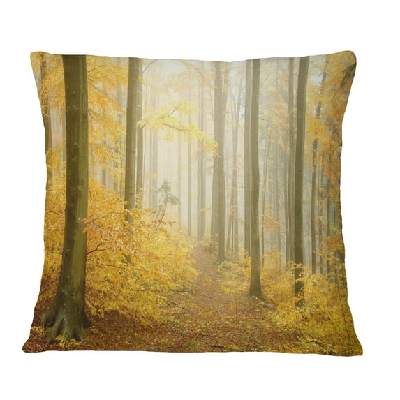 Designart Autumn Beach Forest Yellow - Landscape Photography Throw Pillow - 16x16