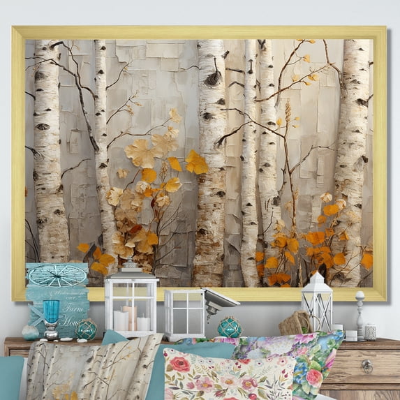 Designart "Autumn Birch Tree Elegance in Fall" Landscapes Framed Wall Art Decor - Country Orange Tree Living Room Framed Canvas Art