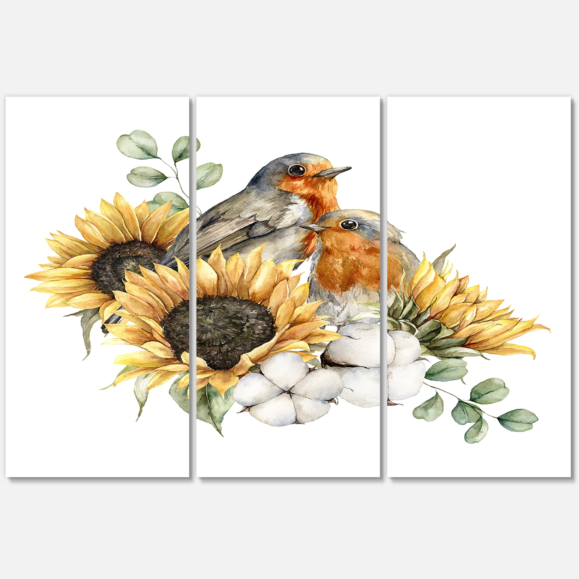 Designart ' Autumn Bouquet With Robin Redbreasts Sunflowers Cotton ' Traditional Canvas Wall Art Print