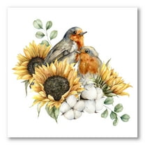 Designart ' Autumn Bouquet With Robin Redbreasts Sunflowers Cotton ' Traditional Canvas Wall Art Print