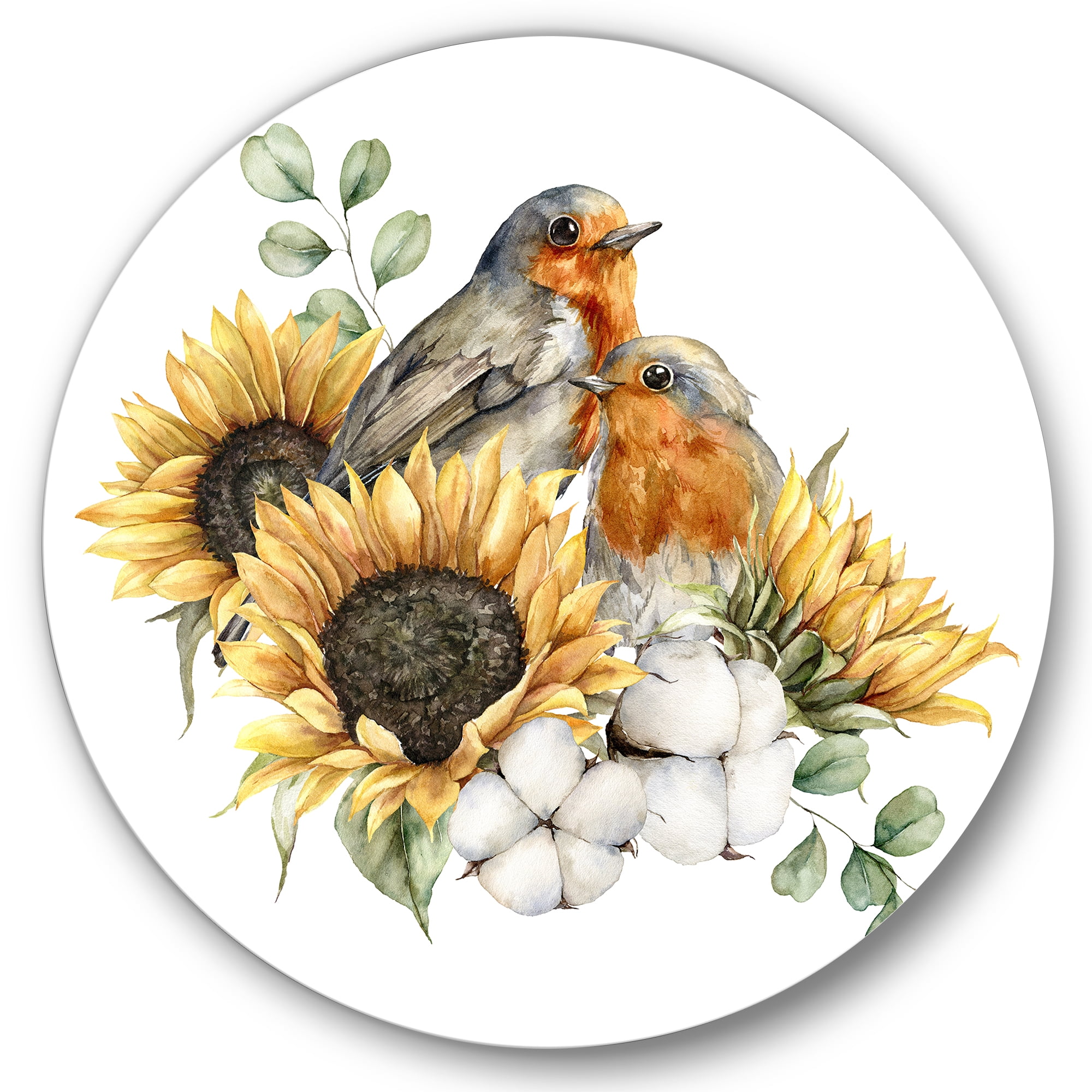 Designart 'Autumn Bouquet With Robin Redbreasts Sunflowers Cotton' Traditional Circle Metal Wall Art 36x36 - Disc of 36