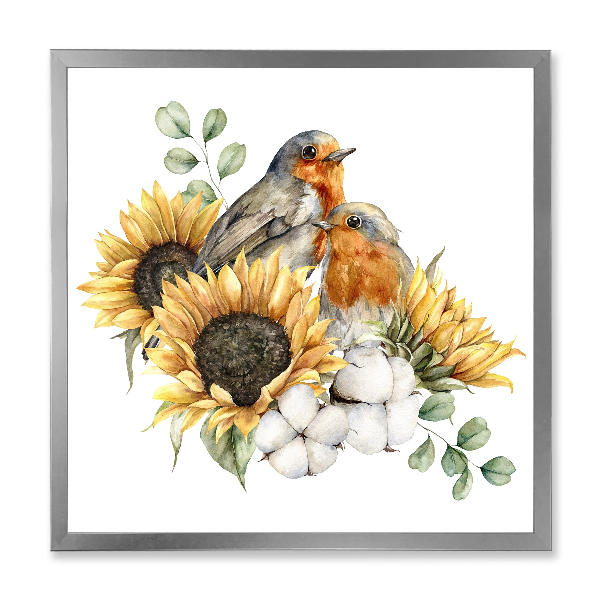 Designart 'Autumn Bouquet With Robin Redbreasts Sunflowers Cotton' Traditional Framed Art Print