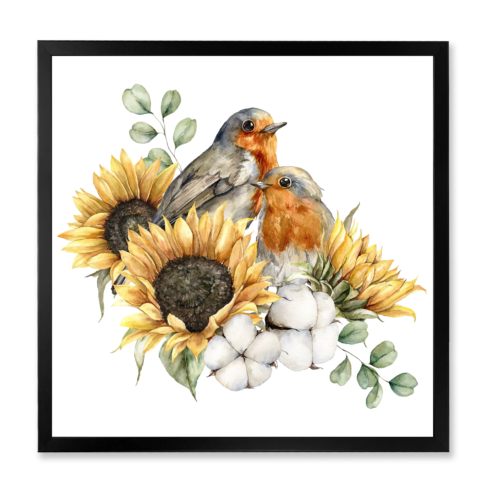 Designart 'Autumn Bouquet With Robin Redbreasts Sunflowers Cotton' Traditional Framed Art Print